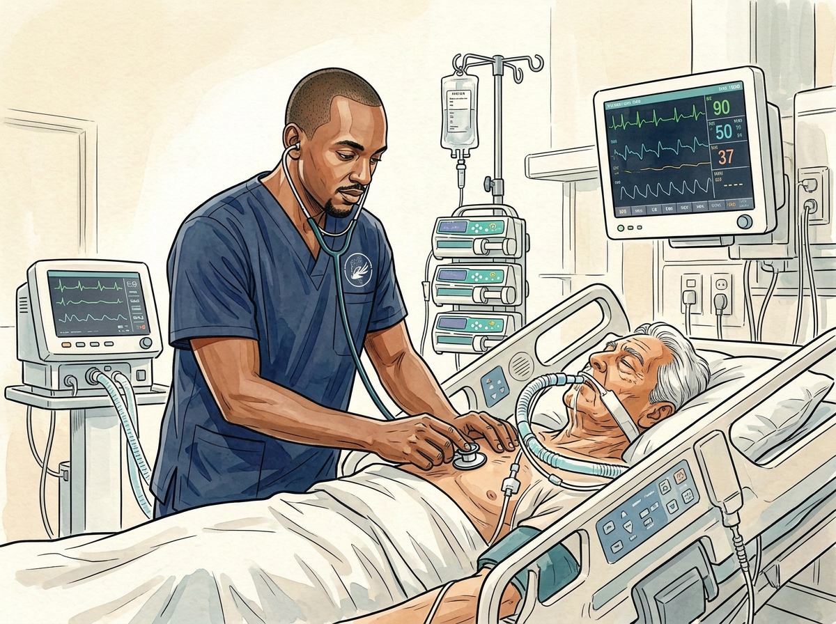Illustration of Dr. Sipho Ntshalintshali in navy scrubs examining a ventilated patient with his stethoscope in the ICU
