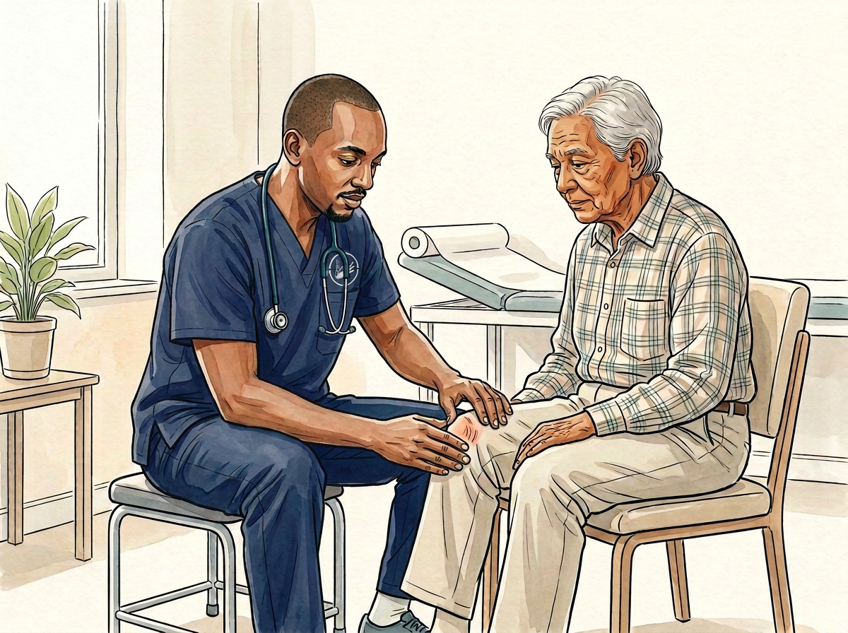 Illustration of Dr. Sipho Ntshalintshali in scrubs and stethoscope examining an older patient's knee joint in the clinic